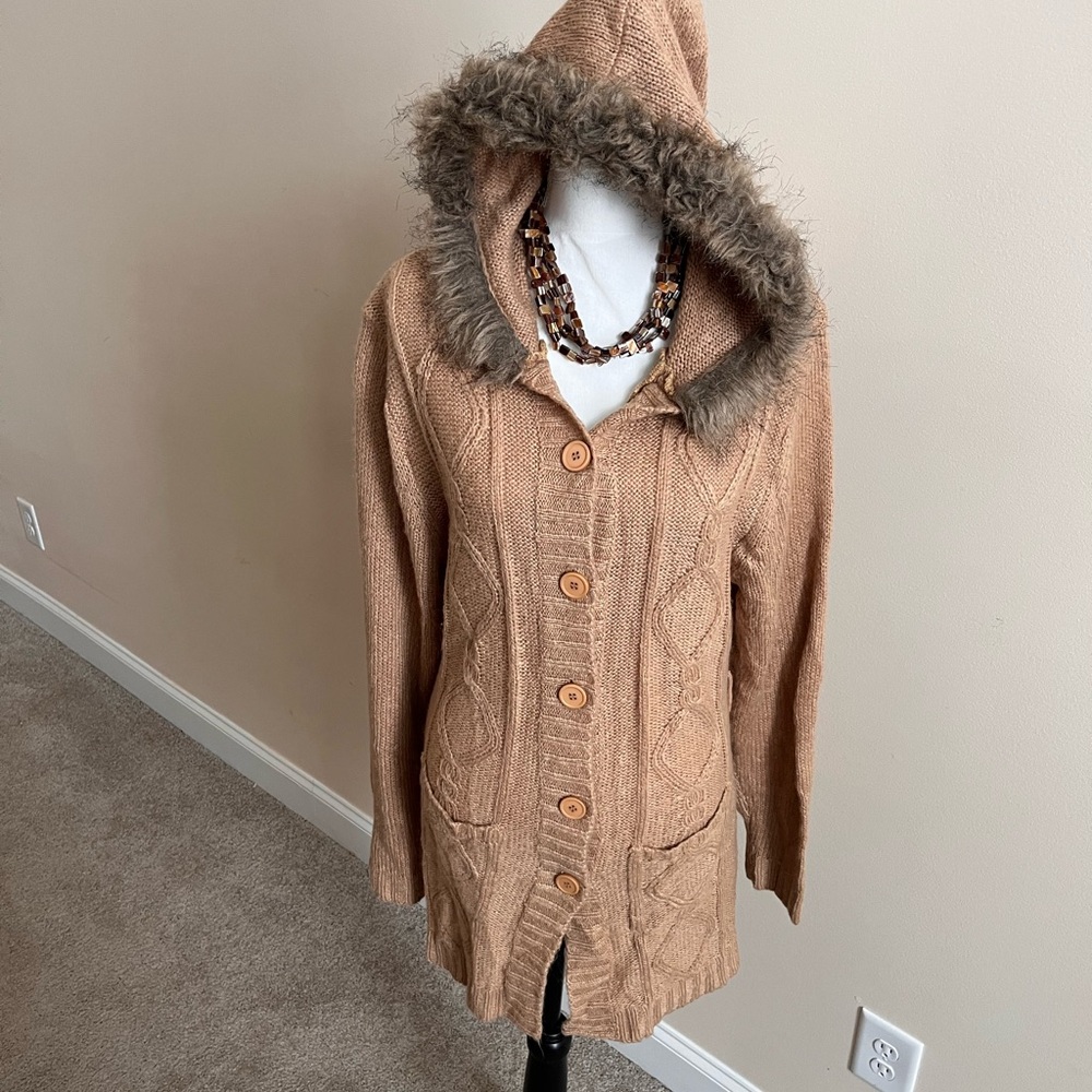 Tan Hooded Knit Cardigan with Faux Fur Trim